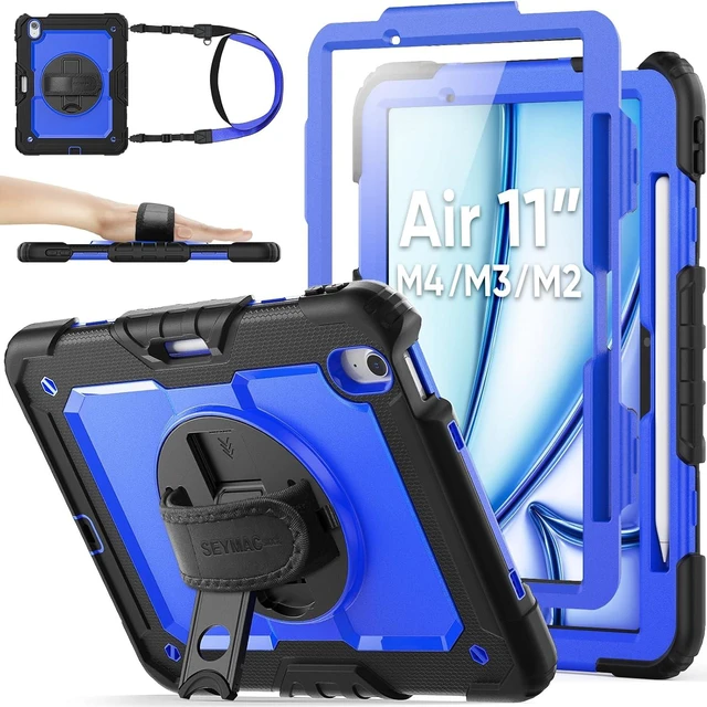 Main image of Case for iPad Air 11-inch M4-M2 2026-2024 (Gen 8-6), Shockproof Heavy Duty Case with Screen Protector, Pencil Holder, Rotating Stand, Hand Strap, Shoulder Strap, Blue
