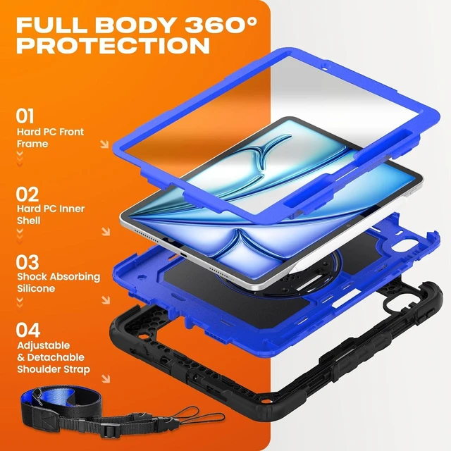 Alt view image 5 of 7 - Case for iPad Air 11-inch M4-M2 2026-2024 (Gen 8-6), Shockproof Heavy Duty Case with Screen Protector, Pencil Holder, Rotating Stand, Hand Strap, Shoulder Strap, Blue