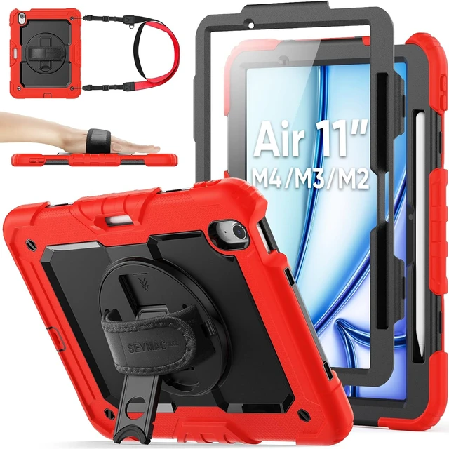 Main image of Case for iPad Air 11-inch M4-M2 2026-2024 (Gen 8-6), Shockproof Heavy Duty Case with Screen Protector, Pencil Holder, Rotating Stand, Hand Strap, Shoulder Strap, Red