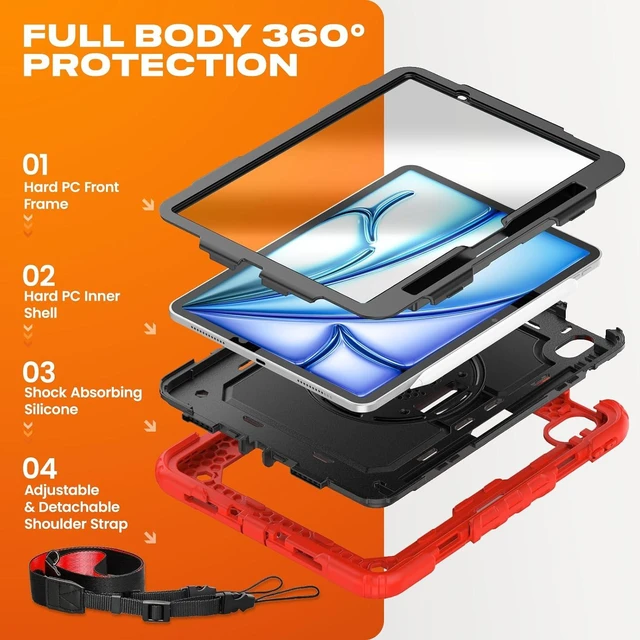Alt view image 5 of 7 - Case for iPad Air 11-inch M4-M2 2026-2024 (Gen 8-6), Shockproof Heavy Duty Case with Screen Protector, Pencil Holder, Rotating Stand, Hand Strap, Shoulder Strap, Red