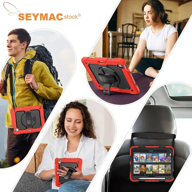 Alt view image 6 of 7 - Case for iPad Air 11-inch M4-M2 2026-2024 (Gen 8-6), Shockproof Heavy Duty Case with Screen Protector, Pencil Holder, Rotating Stand, Hand Strap, Shoulder Strap, Red