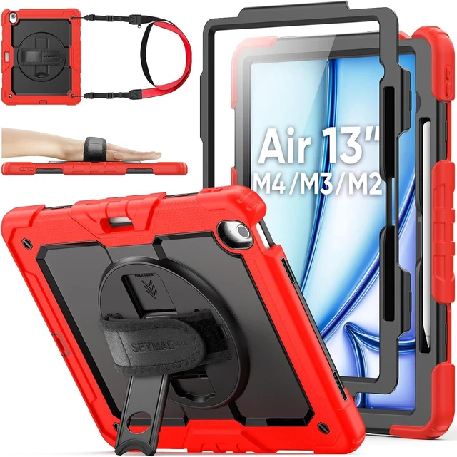 Main image of Case for iPad Air 13-inch M4-M2 2026-2024 (Gen 8-6), Shockproof Heavy Duty Case with Screen Protector, Pencil Holder, Rotating Stand, Hand Strap, Shoulder Strap, Red
