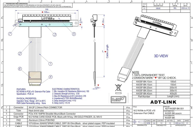Alt view image 6 of 7 - PCIe 5.0 M.2 NGFF NVMe Key M Flat Extender Cable to PCIE x16 Graphics Card Riser Adapter 16x PCI-e PCI-Express for M2 2230 2242 2260 2280 (K43SF-BK, 50cm)