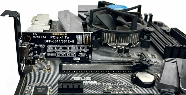 Alt view image 3 of 5 - ADT-Link PCIe 5.0 x4 to OCuLink SFF-8612 Female 4i Host Adapter with with Redriver 128Gbps High Speed PCIe Riser Card (R29Q(Gen5))