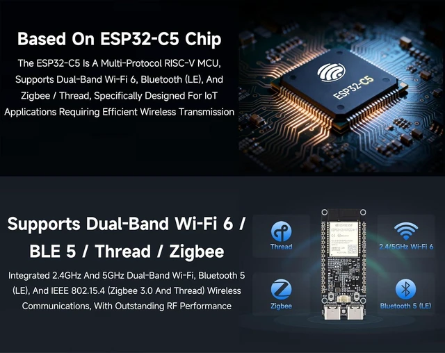 Alt view image 3 of 7 - ESP32-C5 WiFi6 Dev Board 5GHz/2.4GHz Dual-Band, ESP32-C5-WROOM-1U Module, 240MHz RISC-V, 32MB Flash+8MB PSRAM, WiFi/BLE 5/ Zigbee/Thread Wireless, with External Antenna, Pre-soldered Header