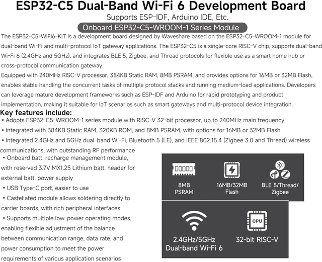Alt view image 2 of 7 - ESP32-C5 WiFi6 Dev Board 5GHz/2.4GHz Dual-Band, ESP32-C5-WROOM-1U Module, 240MHz RISC-V, 32MB Flash+8MB PSRAM, WiFi/BLE 5/ Zigbee/Thread Wireless, with External Antenna, Pre-soldered Header