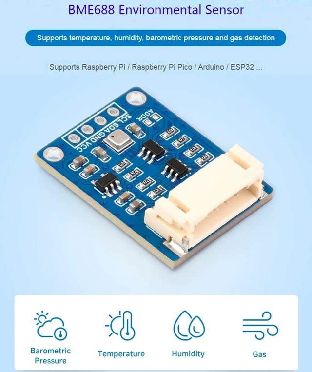 Alt view image 2 of 7 - BME688 Environmental Sensor with AI Function, Supports Temperature/Humidity/Barometric Pressure/Gas Detection, I2C and SPI, Support Raspberry Pi/Raspberry Pi Pico/Arduino / ESP32,etc.