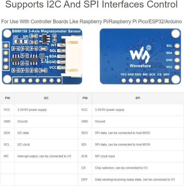 Alt view image 4 of 7 - BMM150 3-axis Magnetometer Sensor, Digital Compass Sensor, Magnetic Field Measurement, I2C/SPI Interface, Support Raspberry Pi/Raspberry Pi Pico/Ardu / ESP32