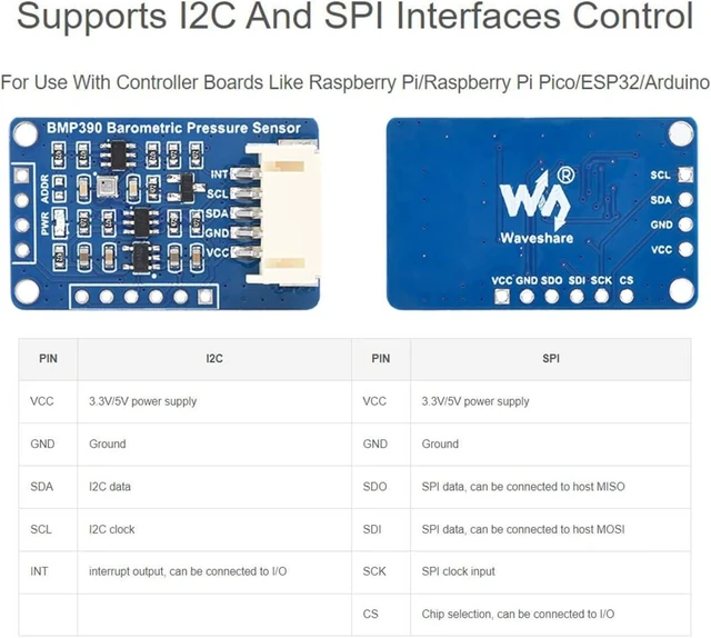 Alt view image 4 of 7 - waveshare BMP390 High Precision Barometric Pressure Sensor, Barometric Pressure/Altitude/Temperature Measuring, I2C and SPI Interfaces, for Raspberry Pi/Raspberry Pi Pico/Ardu/ ESP32