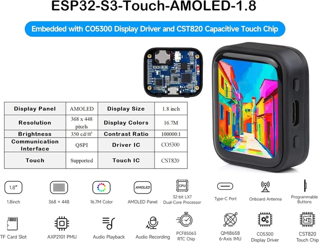Alt view image 2 of 7 - ESP32-S3 1.8inch AMOLED Touch Display Development Board,Onboard Audio Codec