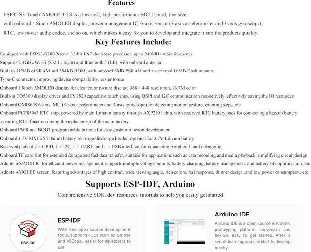 Alt view image 6 of 7 - ESP32-S3 1.8inch AMOLED Touch Display Development Board,Onboard Audio Codec