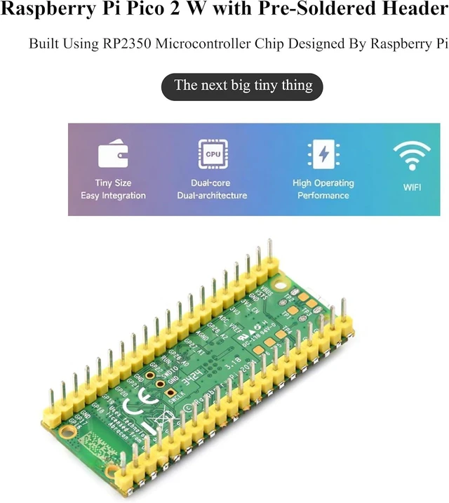 Alt view image 3 of 7 - Pico 2 W with Pre-Soldered Header Compatible with Raspberry Pi Pico 2 W