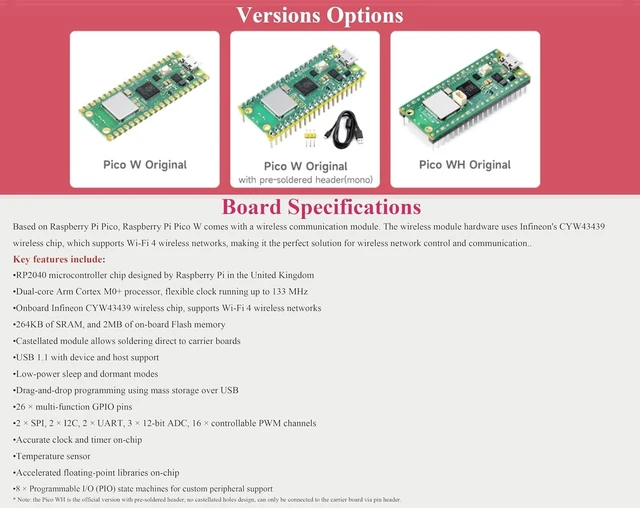 Alt view image 4 of 7 - Pre-Soldered Header Raspberry Pi Pico W, Built-in WiFi Support 2.4 GHZ Wi-Fi 4, Based on Official RP2040 Dual-Core Processor,Dual-core Arm Cortex M0+ ProcessorComes with Pico W Board and Case