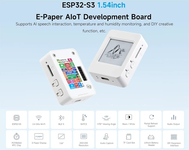 Alt view image 2 of 7 - ESP32-S3 1.54inch e-Paper AIoT Development Board, 200 x 200, Black/White, Supports Wi-Fi and Bluetooth Dual-Mode Communication,Supports AI Speech Interaction, DIY Creative Function, etc.