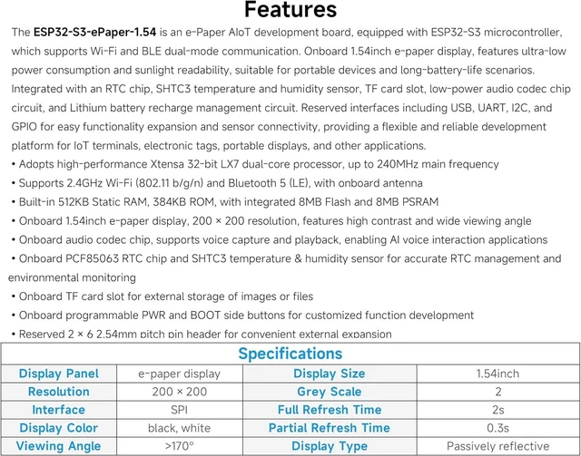 Alt view image 4 of 7 - ESP32-S3 1.54inch e-Paper AIoT Development Board, 200 x 200, Black/White, Supports Wi-Fi and Bluetooth Dual-Mode Communication,Supports AI Speech Interaction, DIY Creative Function, etc.