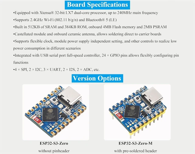 Alt view image 3 of 7 - 3PCS ESP32-S3 Mini Development Board with Pre-Soldered Header, Based on ESP32-S3FH4R2 Processor, 240MHz Running Frequency, Support 2.4GHz Wi-Fi & Bluetooth 5, Onboard 4MB Flash Memory