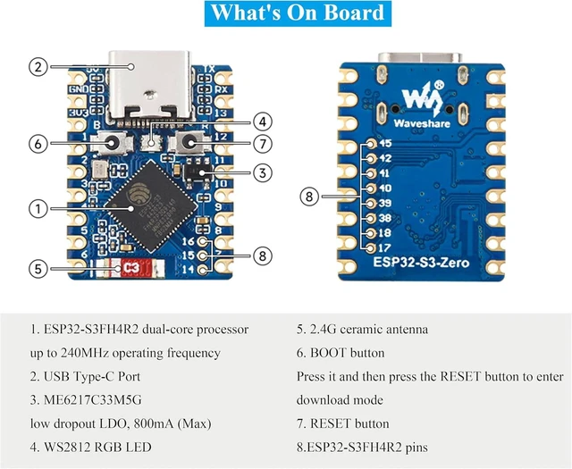 Alt view image 4 of 7 - 3PCS ESP32-S3 Mini Development Board with Pre-Soldered Header, Based on ESP32-S3FH4R2 Processor, 240MHz Running Frequency, Support 2.4GHz Wi-Fi & Bluetooth 5, Onboard 4MB Flash Memory