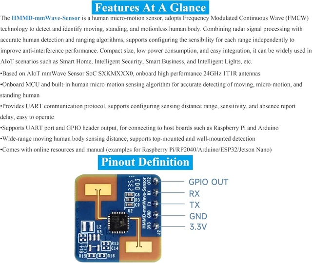 Alt view image 3 of 7 - Human Micro-Motion Detection mmWave Sensor Compatible with Raspberry Pi/Pi Pico/Jetson Nano/ESP32, 24GHz mmWave Radar, Based On S3KM1110, Adopt Frequency Modulated Continuous Wave (FMCW) Technology