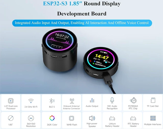 Alt view image 2 of 7 - ESP32-S3 with 1.85inch Touch Round LCD Development Board, 360x360, Support W-i-Fi & BLE 5, Smart Speaker Box, AI Speech, Supports AI Speech Interaction and Offline Voice Control
