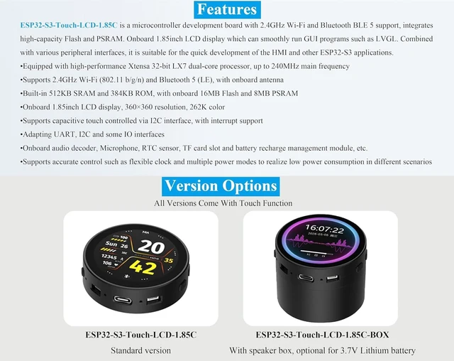 Alt view image 3 of 7 - ESP32-S3 with 1.85inch Touch Round LCD Development Board, 360x360, Support W-i-Fi & BLE 5, Smart Speaker Box, AI Speech, Supports AI Speech Interaction and Offline Voice Control