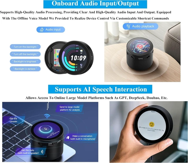 Alt view image 4 of 7 - ESP32-S3 with 1.85inch Touch Round LCD Development Board, 360x360, Support W-i-Fi & BLE 5, Smart Speaker Box, AI Speech, Supports AI Speech Interaction and Offline Voice Control