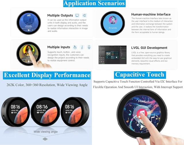 Alt view image 5 of 7 - ESP32-S3 with 1.85inch Touch Round LCD Development Board, 360x360, Support W-i-Fi & BLE 5, Smart Speaker Box, AI Speech, Supports AI Speech Interaction and Offline Voice Control
