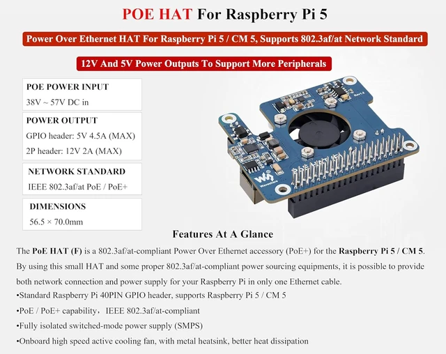 Alt view image 2 of 7 - Power Over Ethernet HAT PoE HAT with Metal Heatsink for Raspberry Pi 5, Onboard Cooling Fan, Supports 802.3af/at Network, 12V and 5V Power Outputs Easy for More Peripherals