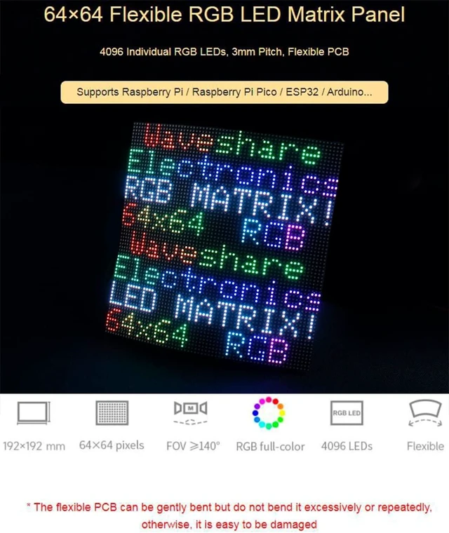 Alt view image 2 of 7 - Flexible RGB Full Color LED Matrix Panel 64x64 Pixels, 4096 Individual RGB LEDs,3mm Pitch,Adjustable Brightness and Bendable PCB, Compatible with Raspberry Pi/Raspberry Pi Pico / ESP32 / Ardu