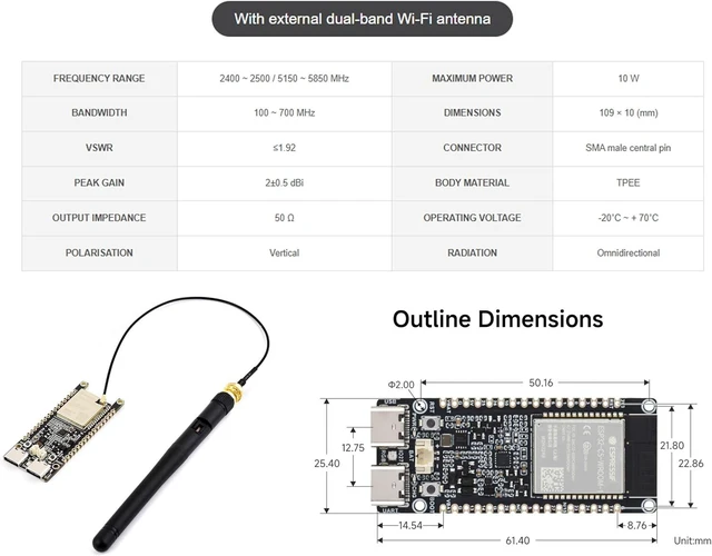 Alt view image 6 of 7 - ESP32-C5 WiFi6 Dev Board 5GHz/2.4GHz Dual-Band, ESP32-C5-WROOM-1U Module, 240MHz RISC-V, 32MB Flash+8MB PSRAM, WiFi/BLE 5/ Zigbee/Thread Wireless, with External Antenna, Pre-soldered Header