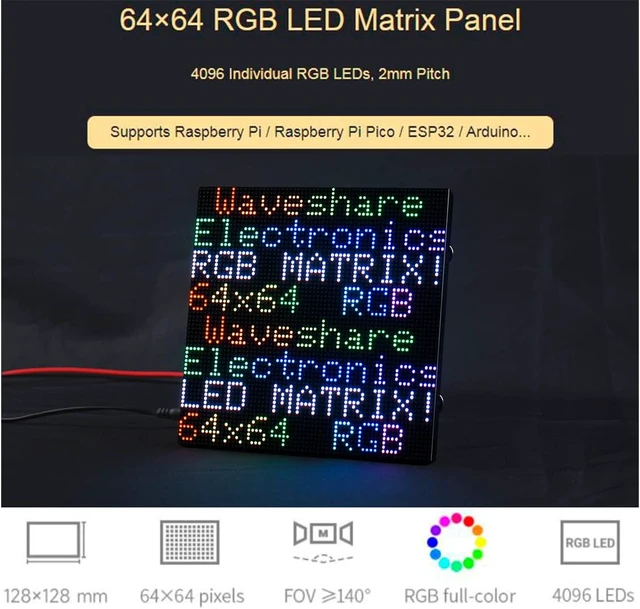 Alt view image 2 of 7 - waveshare RGB Full Color LED Matrix Panel 64x64 Pixels, 2mm Pitch, Adjustable Brightness,Supports Raspberry Pi/Raspberry Pi Pico / ESP32 / Ardu,Display Text, Colorful Image, Animation