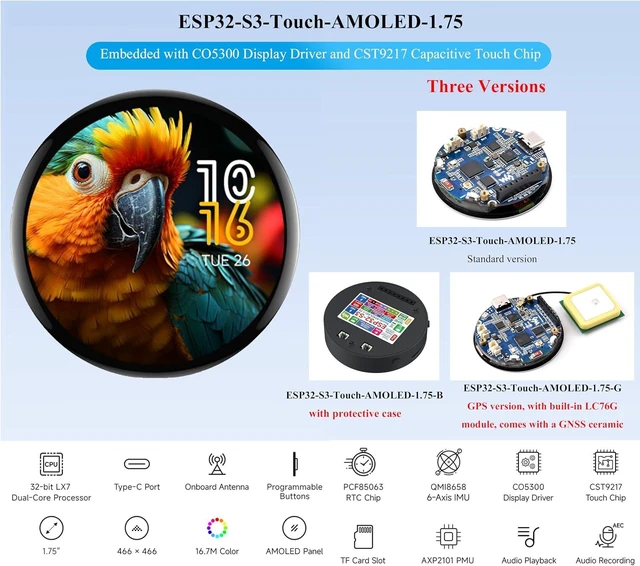 Alt view image 2 of 7 - ESP32-S3 with 1.75inch AMOLED Round Touch Display DevBoard, 466x466, 3Items