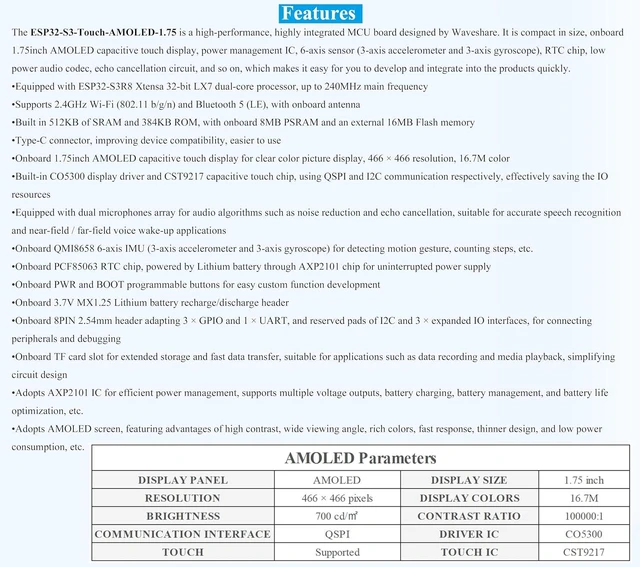 Alt view image 3 of 7 - ESP32-S3 with 1.75inch AMOLED Round Touch Display DevBoard, 466x466, 3Items