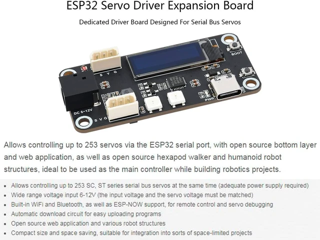 Alt view image 2 of 7 - ESP32 Servo Driver Expansion Board, Built-in WiFi and Bluetooth, UART Serial Bus Control up to 253 Servos via ESP32 Serial Port Open Source Web Application and Various Robot Structures