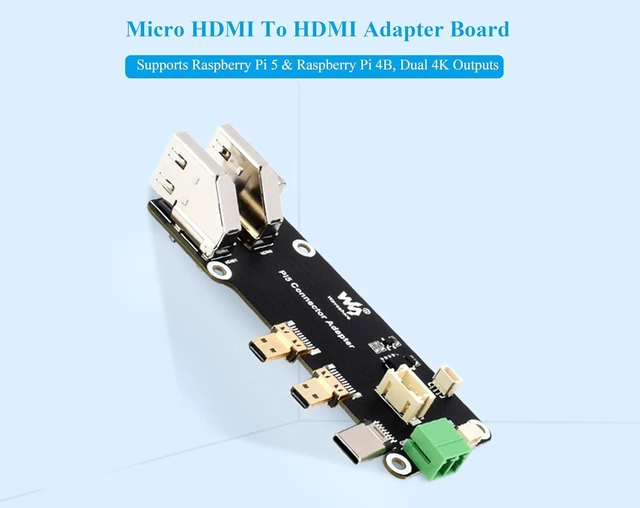 Alt view image 3 of 7 - Micro HDMI to HDMI Multifunctional Adapter, Compatible with Raspberry Pi 5/4B, Pi5 Connector Adapter, Dual 4K Outputs, Power Via Type-C Port or Screw Terminal