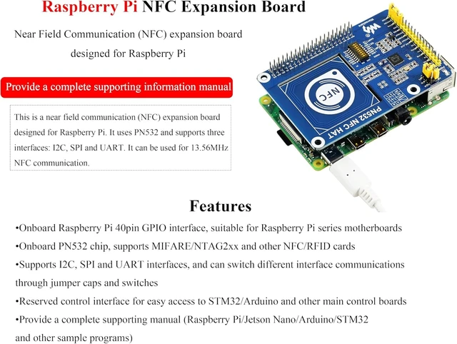 Alt view image 2 of 7 - PN532 NFC HAT Compatible with Raspberry Pi 5/ 4B/3B+/3B/2B/A+/Zero W/WH/Zero 2 W/Pico/Pico 2W, PN532 Chip, Support Multi NFC/RFID Cards, 13.56 MHz Band, I2C, SPI, and UART Interfaces