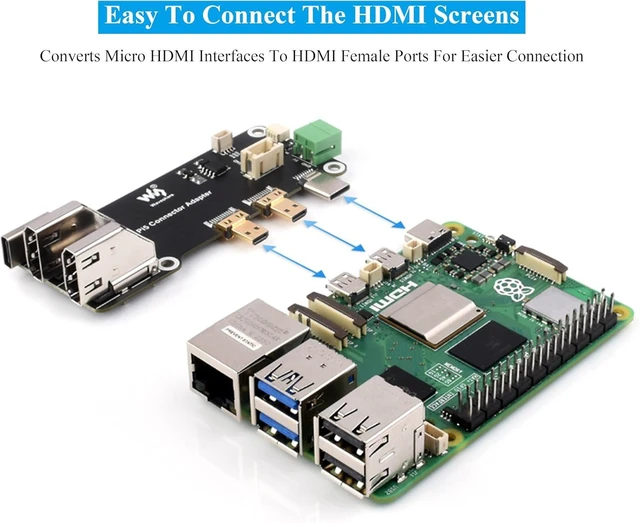 Alt view image 5 of 7 - Micro HDMI to HDMI Multifunctional Adapter, Compatible with Raspberry Pi 5/4B, Pi5 Connector Adapter, Dual 4K Outputs, Power Via Type-C Port or Screw Terminal