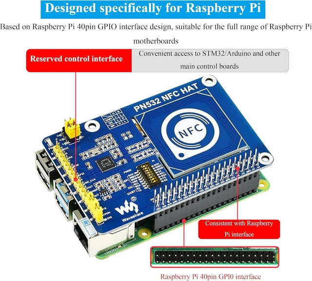Alt view image 4 of 7 - PN532 NFC HAT Compatible with Raspberry Pi 5/ 4B/3B+/3B/2B/A+/Zero W/WH/Zero 2 W/Pico/Pico 2W, PN532 Chip, Support Multi NFC/RFID Cards, 13.56 MHz Band, I2C, SPI, and UART Interfaces