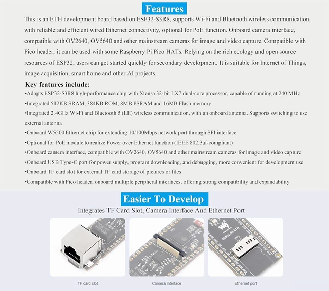 Alt view image 4 of 7 - 2PCS ESP32-S3 PoE Ethernet Development Board, 10/100Mbps RJ45 ETH Port, 240MHz Dual Core Processor, Onboard Type-C Port & TF Card Slot, Support WiFi & BLE & Ethernet Communication, with POE Module