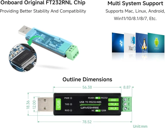 Alt view image 5 of 7 - USB to RS485/RS232 Serial Converter Board, Onboard Original FT232RNL Chip Fast Stable Transmission,Multiple Devices Applicable, Compatible with Mac, Linux,Android, Windows 11/10/ 8.1/ 8/ 7, etc.