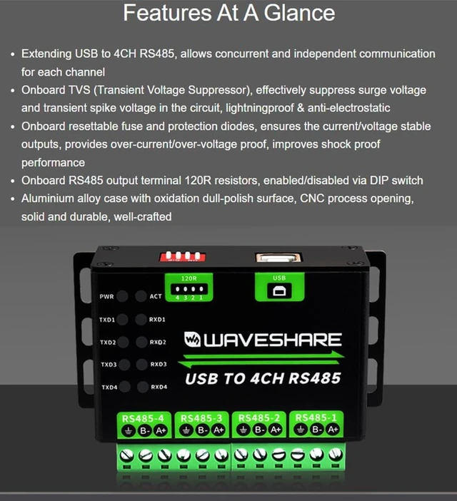 Alt view image 3 of 7 - waveshare Industrial USB to RS485 Converter Extending USB to 4CH RS485, 1200bps ~ 460800bps Baudrate, Transmission Distance up to 1.2km, Compatible with Win7/8/8.1/10/11, Mac, Linux, Android,etc