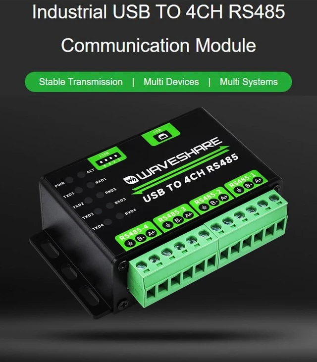 Alt view image 2 of 7 - waveshare Industrial USB to RS485 Converter Extending USB to 4CH RS485, 1200bps ~ 460800bps Baudrate, Transmission Distance up to 1.2km, Compatible with Win7/8/8.1/10/11, Mac, Linux, Android,etc
