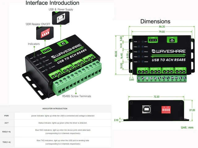 Alt view image 7 of 7 - waveshare Industrial USB to RS485 Converter Extending USB to 4CH RS485, 1200bps ~ 460800bps Baudrate, Transmission Distance up to 1.2km, Compatible with Win7/8/8.1/10/11, Mac, Linux, Android,etc