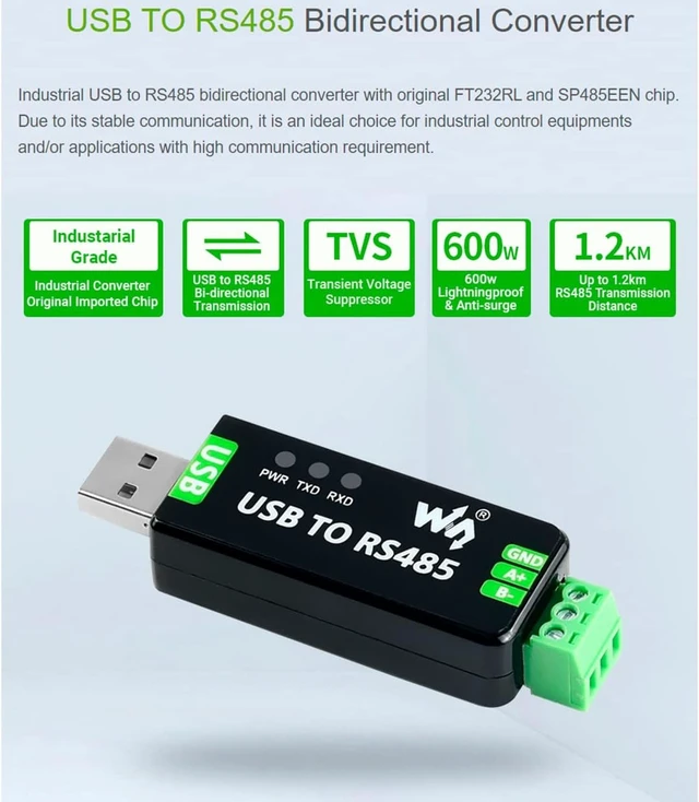 Alt view image 2 of 7 - waveshare Industrial USB to RS485 Converter Bidirectional Adapter with Original FT232RL and SP485EEN Chip, Onboard TVS, Self-Recovery Fuse, Protection Diodes, Transmission Distance up to 1.2km
