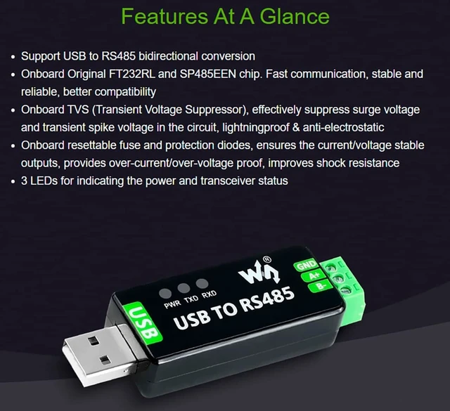 Alt view image 3 of 7 - waveshare Industrial USB to RS485 Converter Bidirectional Adapter with Original FT232RL and SP485EEN Chip, Onboard TVS, Self-Recovery Fuse, Protection Diodes, Transmission Distance up to 1.2km