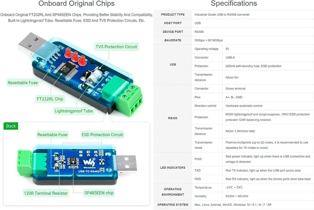 Alt view image 6 of 7 - waveshare Industrial USB to RS485 Converter Bidirectional Adapter with Original FT232RL and SP485EEN Chip, Onboard TVS, Self-Recovery Fuse, Protection Diodes, Transmission Distance up to 1.2km