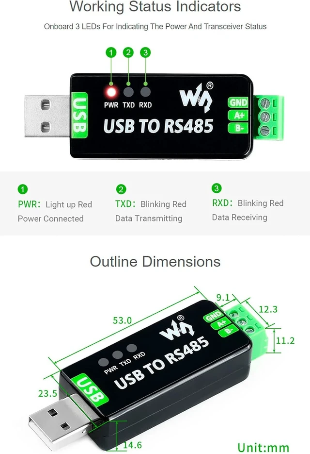 Alt view image 7 of 7 - waveshare Industrial USB to RS485 Converter Bidirectional Adapter with Original FT232RL and SP485EEN Chip, Onboard TVS, Self-Recovery Fuse, Protection Diodes, Transmission Distance up to 1.2km