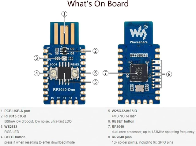 Alt view image 4 of 7 - RP2040-One, Pico-Like MCU Board Based on Raspberry Pi RP2040, 4MB Flash MCU Board, Dual-Core Arm Cortex M0+ Processor up to 133 MHz, Onboard USB Type-A Plug,Plug and Play