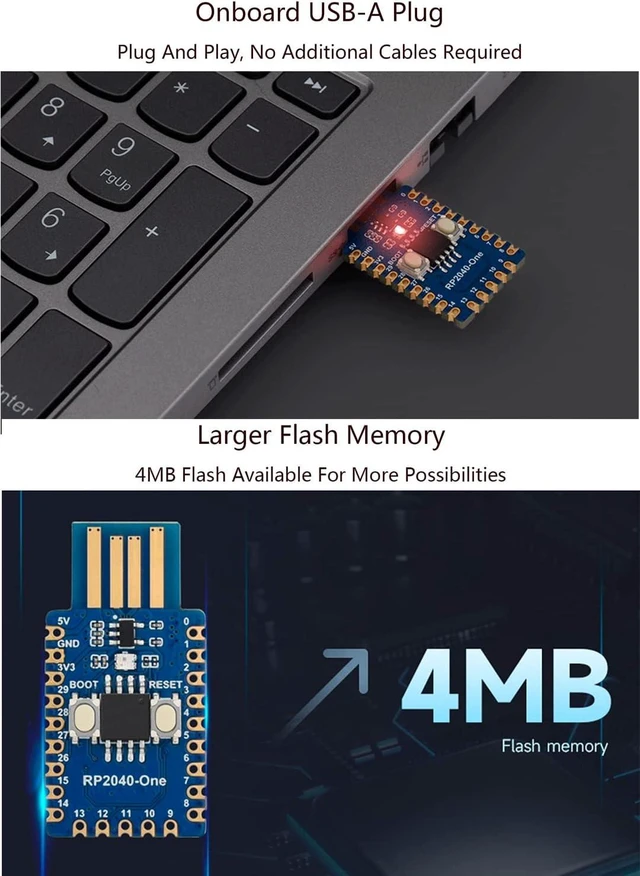 Alt view image 3 of 7 - RP2040-One, Pico-Like MCU Board Based on Raspberry Pi RP2040, 4MB Flash MCU Board, Dual-Core Arm Cortex M0+ Processor up to 133 MHz, Onboard USB Type-A Plug,Plug and Play