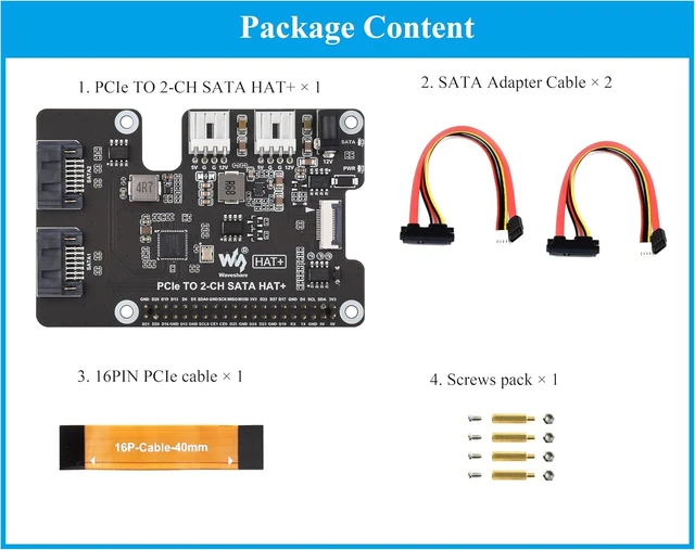 Alt view image 2 of 7 - PCIe to 2-CH SATA Adapter Compatible with Raspberry Pi 5,SATA 3.0, Onboard Dual LED Indicators and EEPROM, HAT + Standard, Driver-Free, Plug and Play