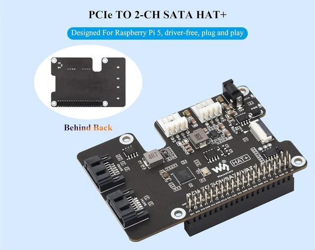 Alt view image 3 of 7 - PCIe to 2-CH SATA Adapter Compatible with Raspberry Pi 5,SATA 3.0, Onboard Dual LED Indicators and EEPROM, HAT + Standard, Driver-Free, Plug and Play